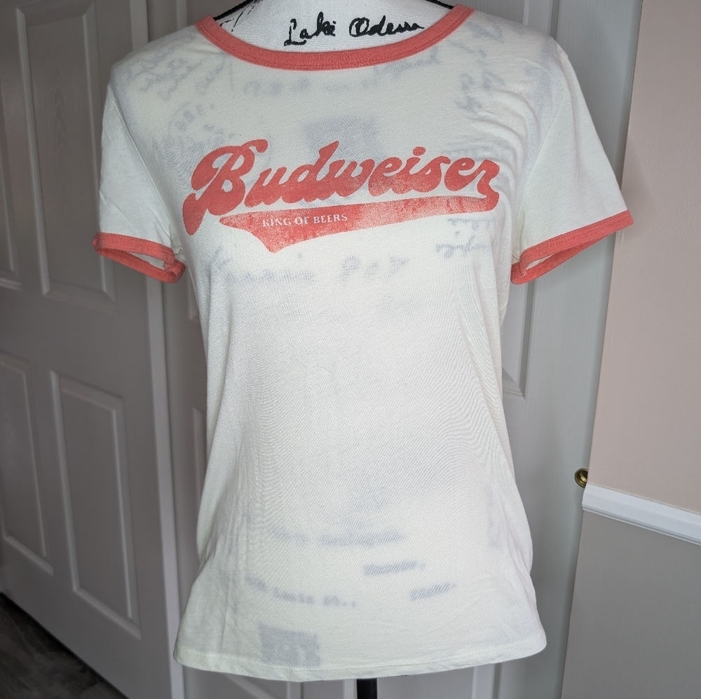 Lucky Brand Budweiser White Ringer Tee with Coral Logo